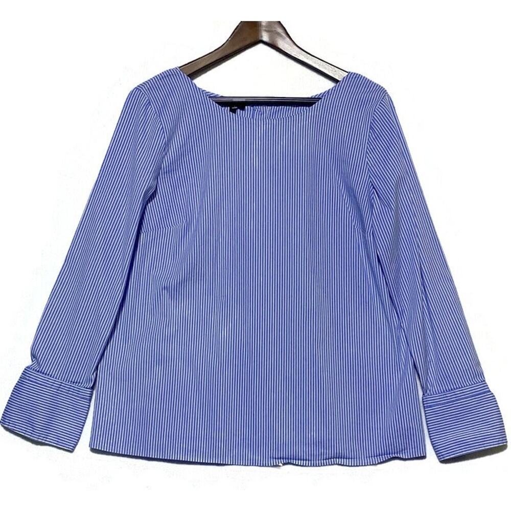 Talbots Women's Large Blue White Pinstripe Pullover Shirt Bow Sleeve Top